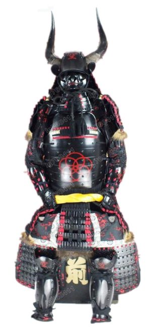 Wearable Japanese Armor Suit Rustung Samurai Horn Black Red Mask  O04