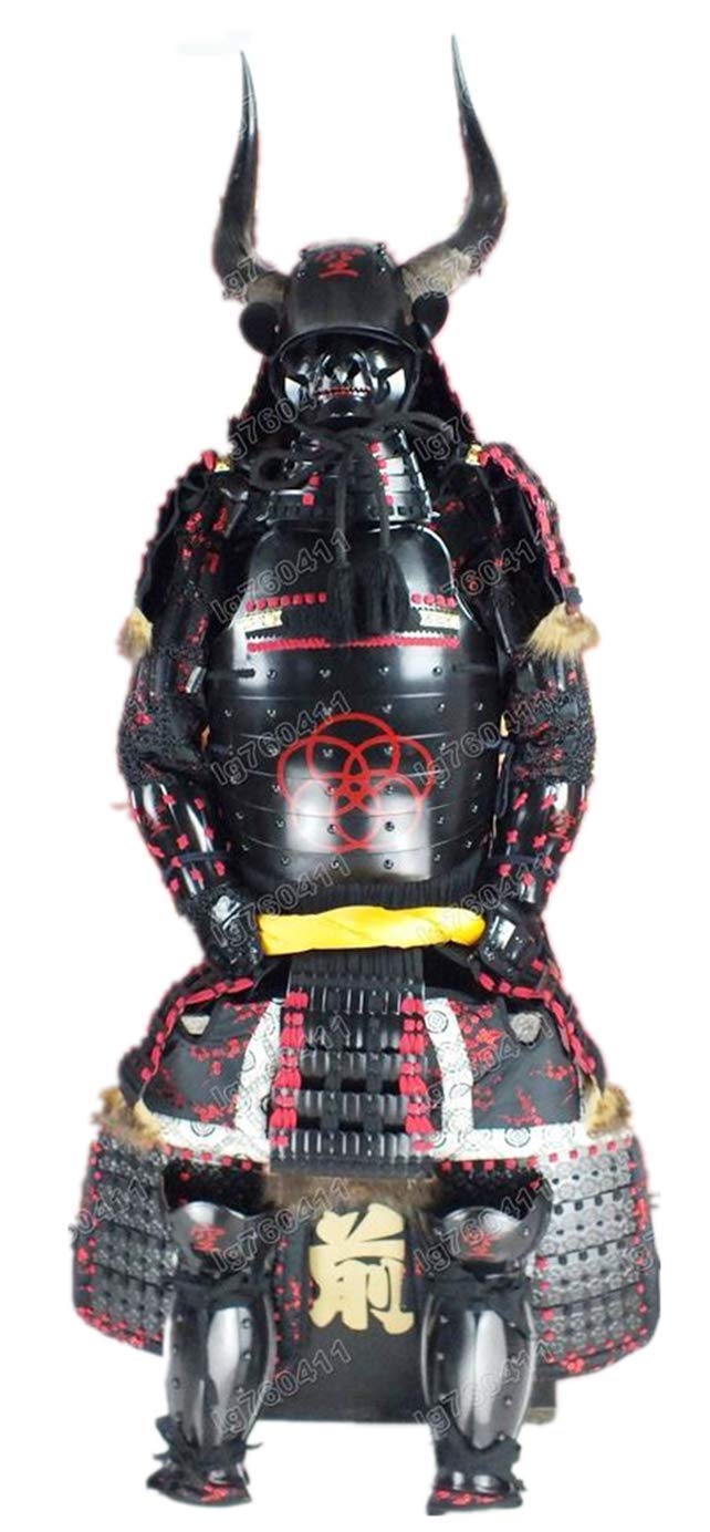 Wearable Japanese Armor Suit Rustung Samurai Horn Black Red Mask  O04